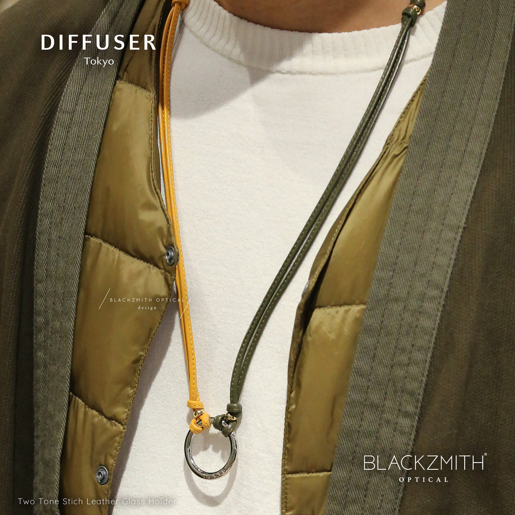 Diffuser Tokyo - Two Tone Stich Leather Glass Holder 金屬圈雙色皮革眼鏡繩 Khaki & Yellow【Pre-order Now】